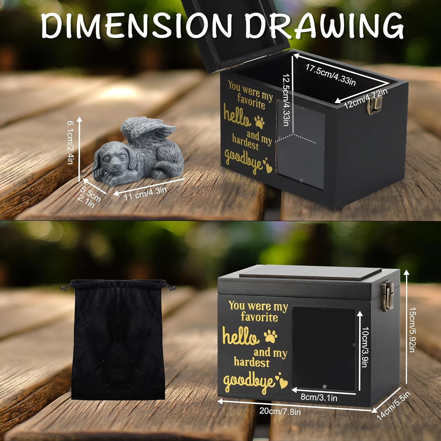 Large Black Wooden Dog Urn with Photo Frame