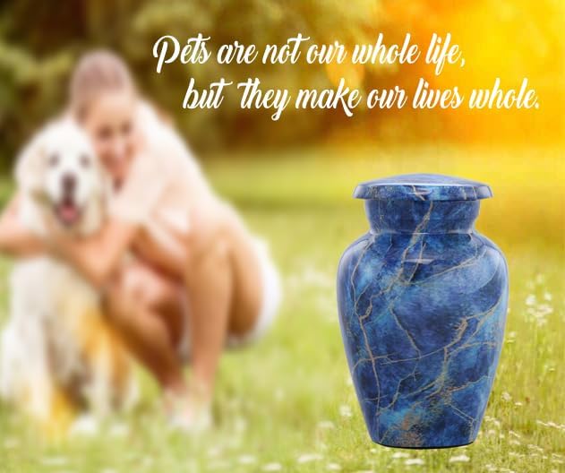 Marble Finish Keepsake Sharing Urn – Mini Metal Cremation Urn for Human or Pet Ashes – Small Memorial Token Urn with Velvet Bag & Funnel – a Perfect Tribute & Gift for Families (Exotic Blue)