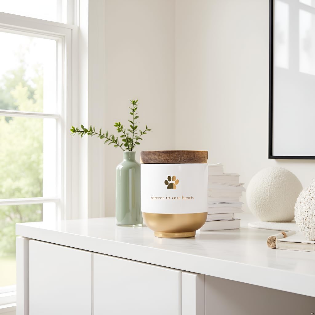 Pet Ceramic Forever in Our Hearts Urn, Pet Memorial, Dog or Cat Keepsake Urn, Rainbow Bridge, Gold