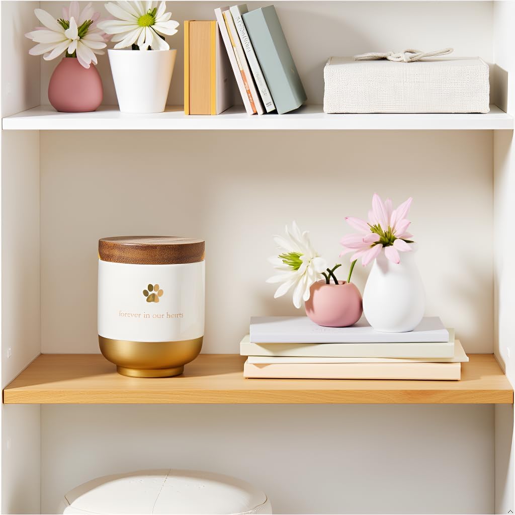 Pet Ceramic Forever in Our Hearts Urn, Pet Memorial, Dog or Cat Keepsake Urn, Rainbow Bridge, Gold