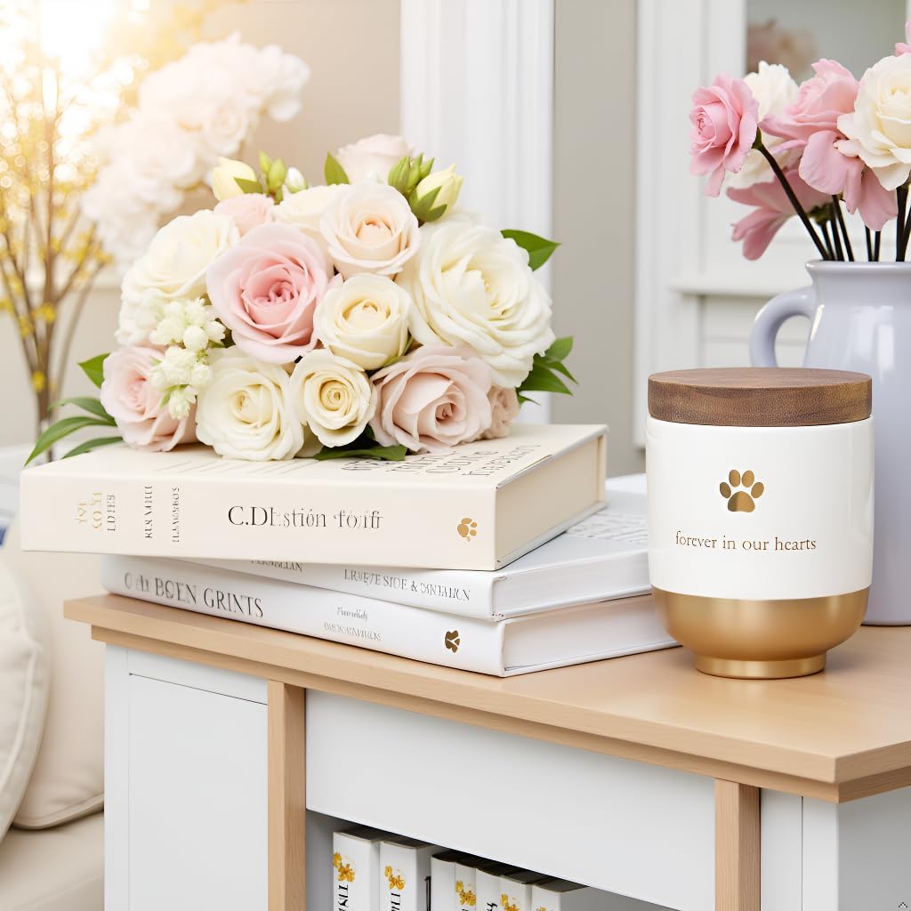 Pet Ceramic Forever in Our Hearts Urn, Pet Memorial, Dog or Cat Keepsake Urn, Rainbow Bridge, Gold