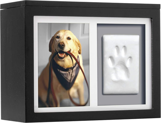 Pet Memory Box & Urn – Solid Wood, Black Finish, Personalized Keepsake with Clay Paw-Print Kit & 4" × 6" Photo Frame – Holds Ashes, Collars, Special Toys & Memories
