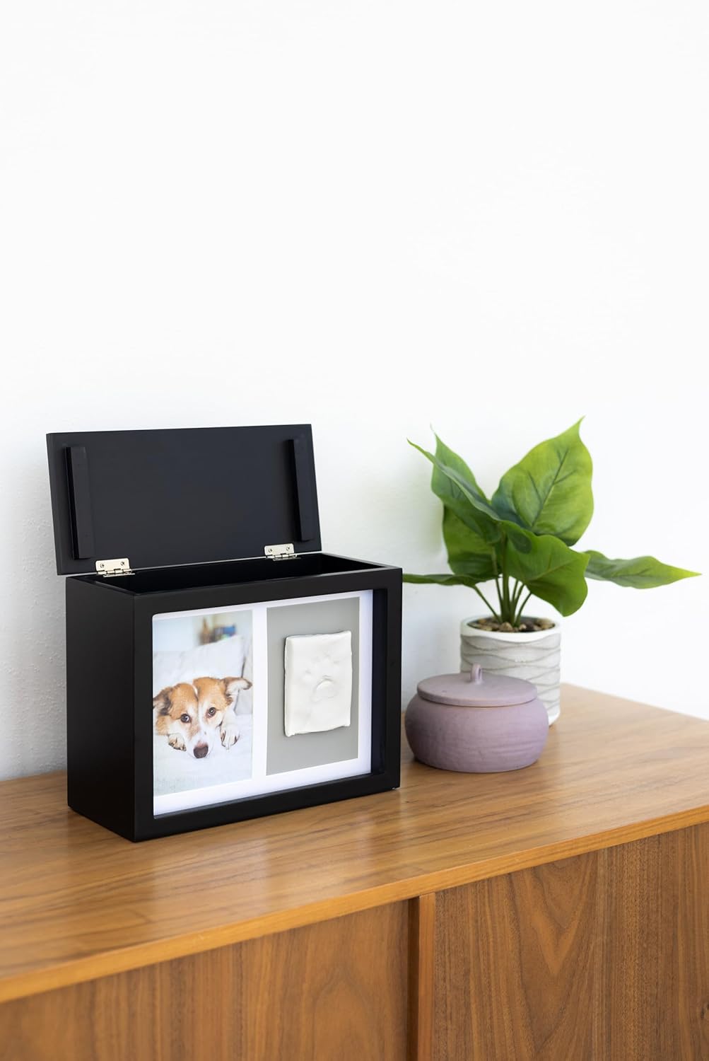 Pet Memory Box & Urn – Solid Wood, Black Finish, Personalized Keepsake with Clay Paw-Print Kit & 4" × 6" Photo Frame – Holds Ashes, Collars, Special Toys & Memories