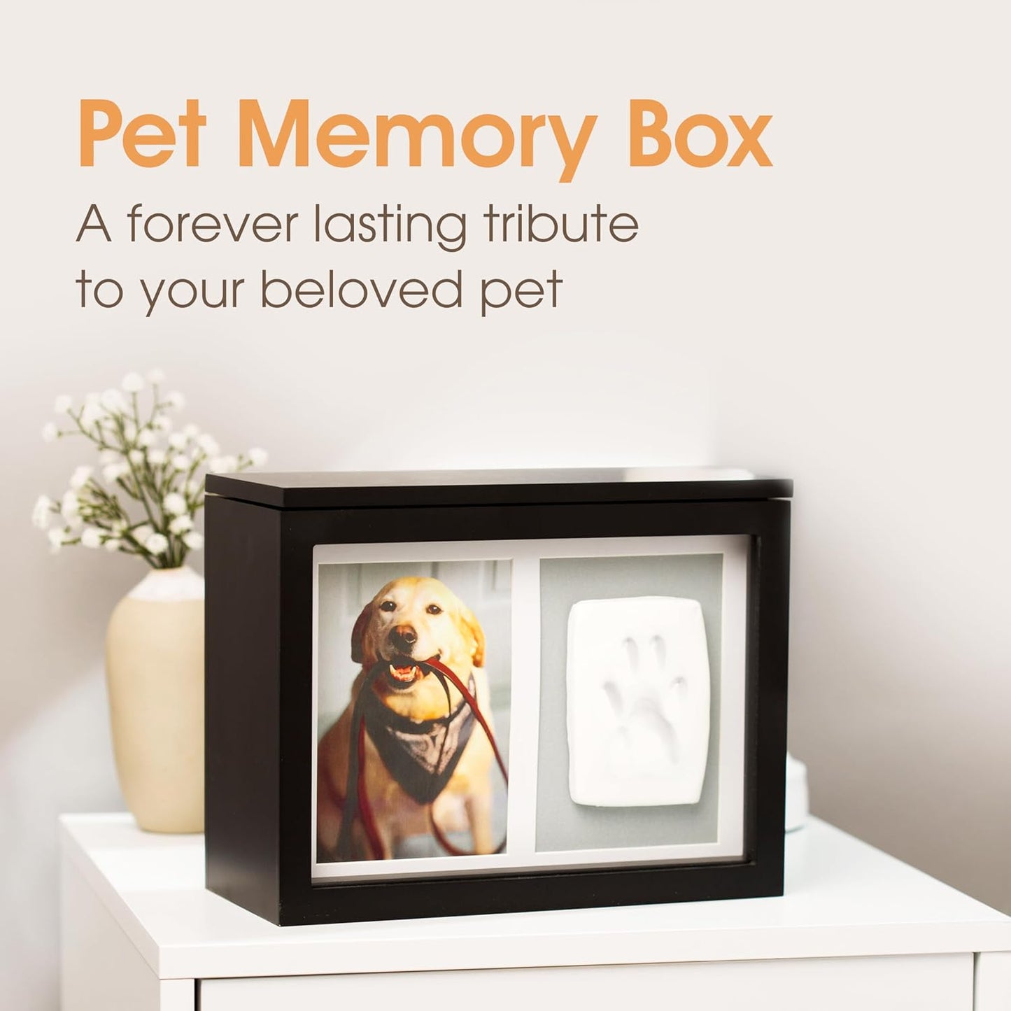 Pet Memory Box & Urn – Solid Wood, Black Finish, Personalized Keepsake with Clay Paw-Print Kit & 4" × 6" Photo Frame – Holds Ashes, Collars, Special Toys & Memories