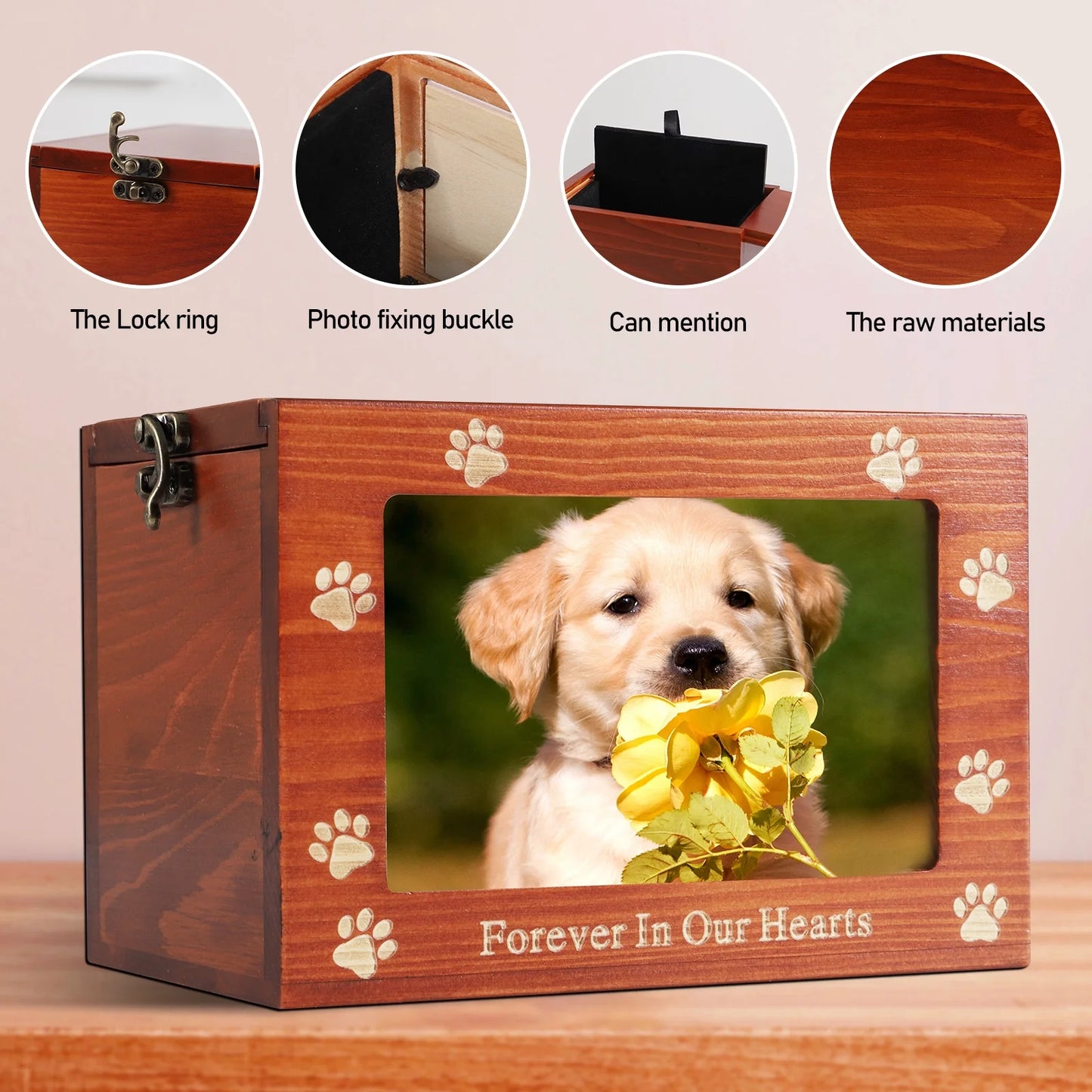 Pet Memorial Urns for Dog or Cat Ashes, Wooden Funeral Cremation Urns with Photo Frame, Memorial Keepsake Memory Box with Black Flannel as Lining, Pet Memorial Remembrance Gift