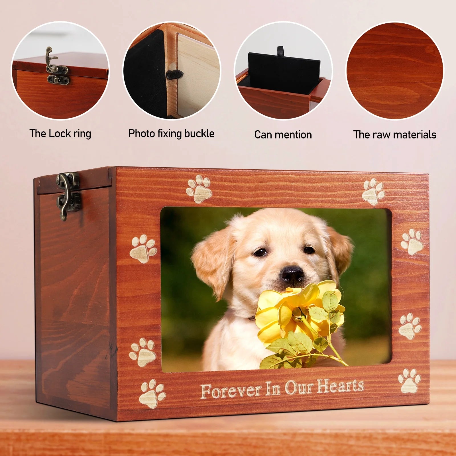 Pet Memorial Urns for Dog or Cat Ashes, Wooden Funeral Cremation Urns with Photo Frame, Memorial Keepsake Memory Box with Black Flannel as Lining, Pet Memorial Remembrance Gift
