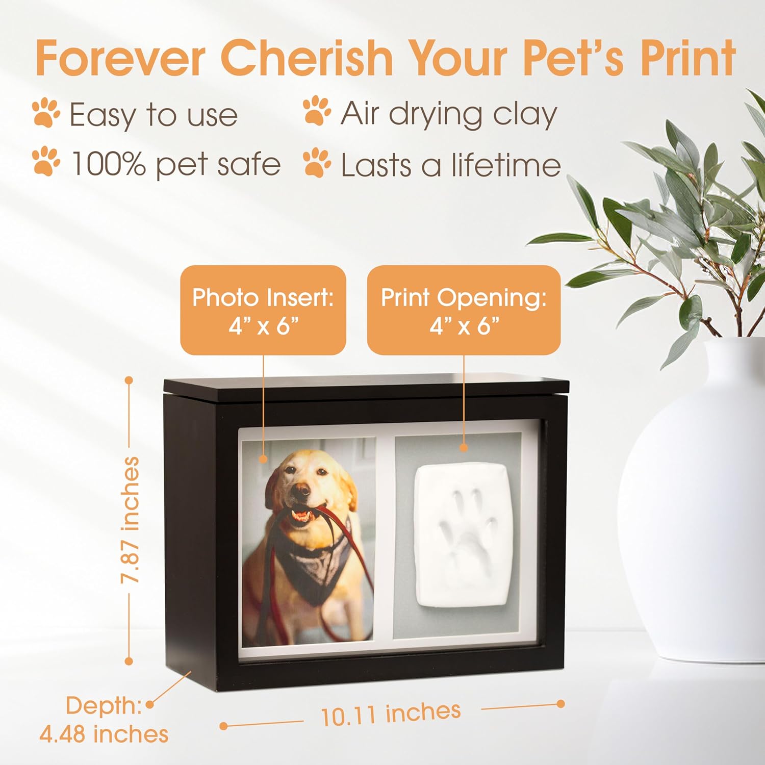 Pet Memory Box & Urn – Solid Wood, Black Finish, Personalized Keepsake with Clay Paw-Print Kit & 4" × 6" Photo Frame – Holds Ashes, Collars, Special Toys & Memories
