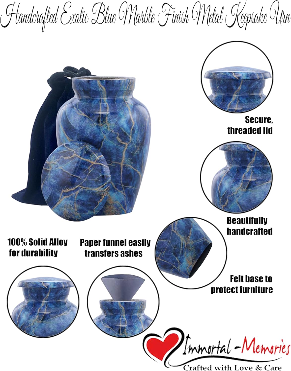 Marble Finish Keepsake Sharing Urn – Mini Metal Cremation Urn for Human or Pet Ashes – Small Memorial Token Urn with Velvet Bag & Funnel – a Perfect Tribute & Gift for Families (Exotic Blue)