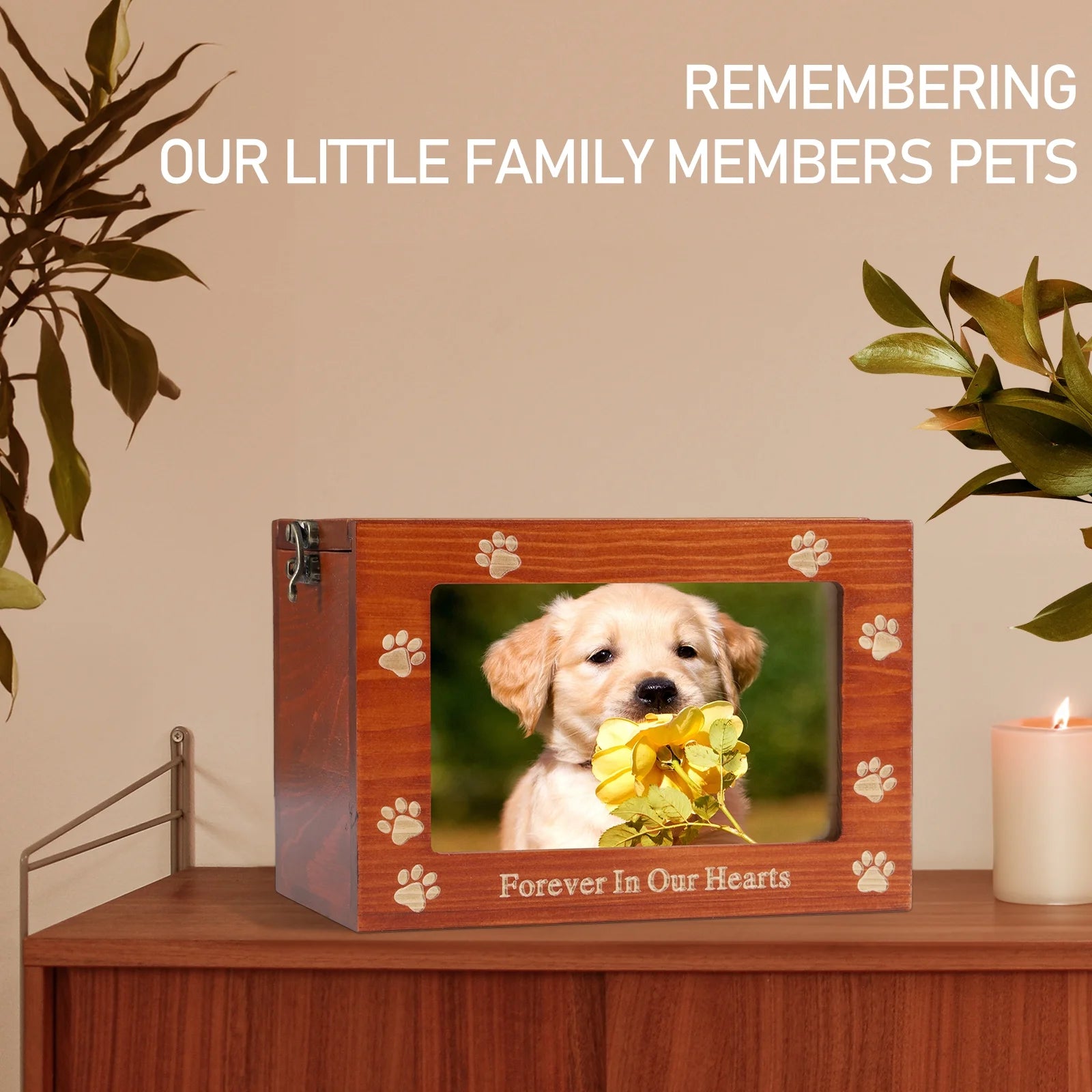 Pet Memorial Urns for Dog or Cat Ashes, Wooden Funeral Cremation Urns with Photo Frame, Memorial Keepsake Memory Box with Black Flannel as Lining, Pet Memorial Remembrance Gift