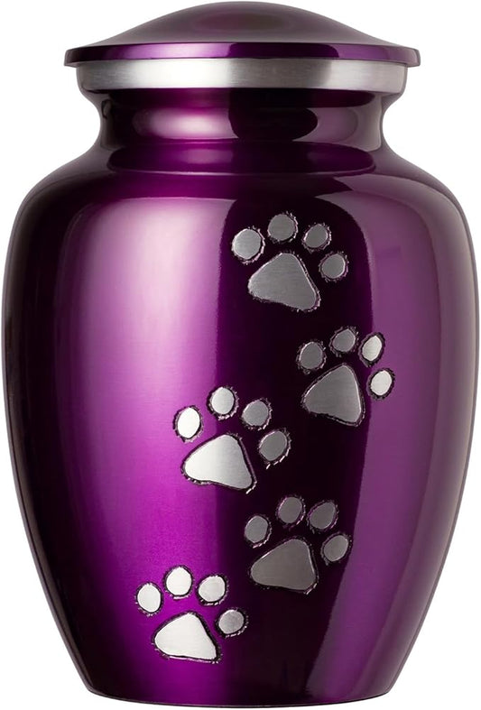 Legacy Memorial Pet Cremation Urns for Dogs and Cats Ashes - Hand Carved Memory Keepsake Urn (Deep Violet, Vertical Pewter Paws)
