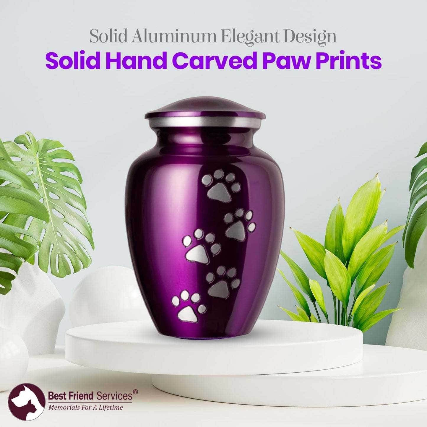 Legacy Memorial Pet Cremation Urns for Dogs and Cats Ashes - Hand Carved Memory Keepsake Urn (Deep Violet, Vertical Pewter Paws)